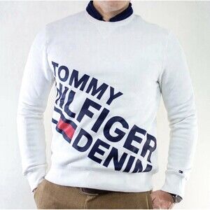 NWT Tommy Hilfiger Men's Ivory White Fleece Pullover Big Spelled Out Logo Sz XS